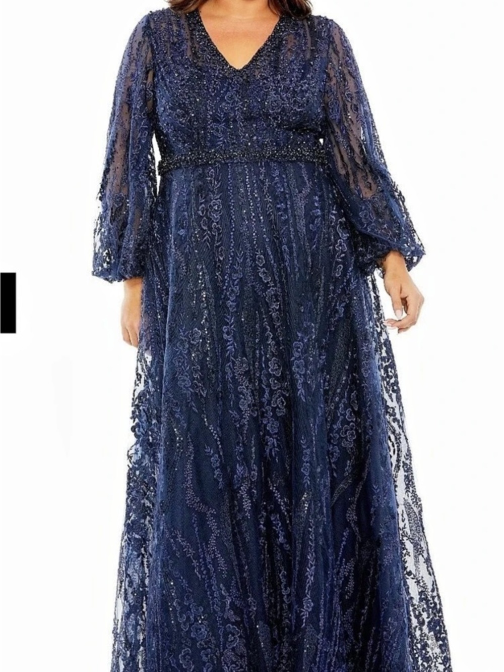 751. Mac Duggal V-Neck Puff Sleeve Embroidered A-Line Gown Embroidered